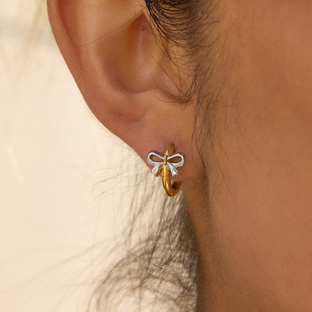 18K Gold and Silver Two Tone Bow Small Hoop Huggie Earrings