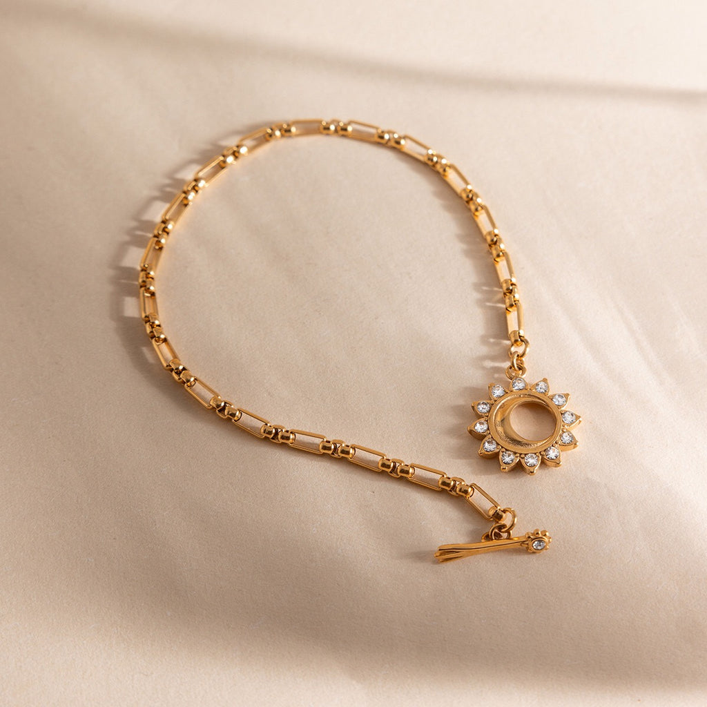 18K Gold Solstice Glow Sun Paperclip Chain Toggle Bracelet Jewelry Set