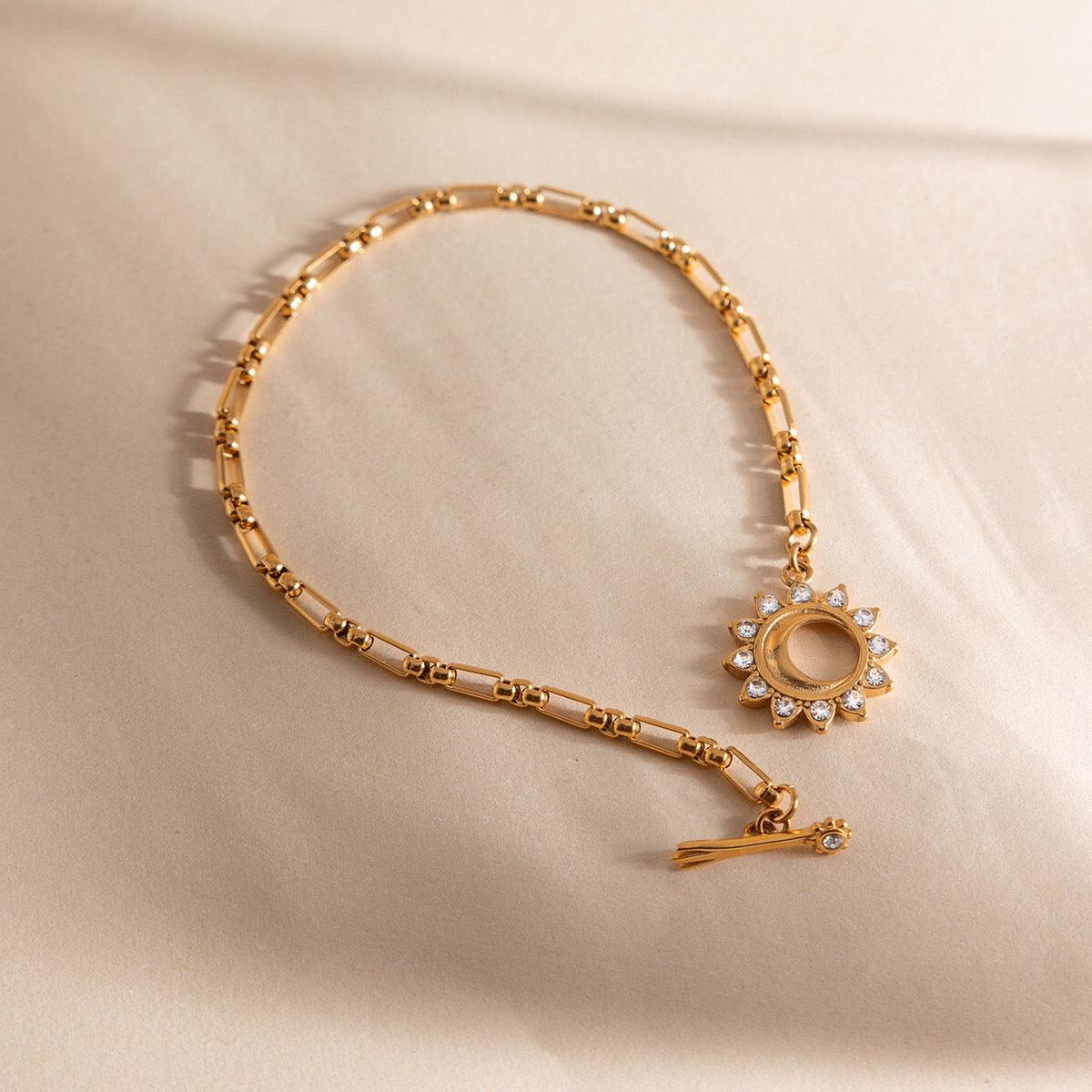 18K Gold Solstice Glow Sun Paperclip Chain Toggle Bracelet Jewelry Set