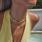 18K Gold Sun Pendant Beaded Pearl Layered Necklace Set