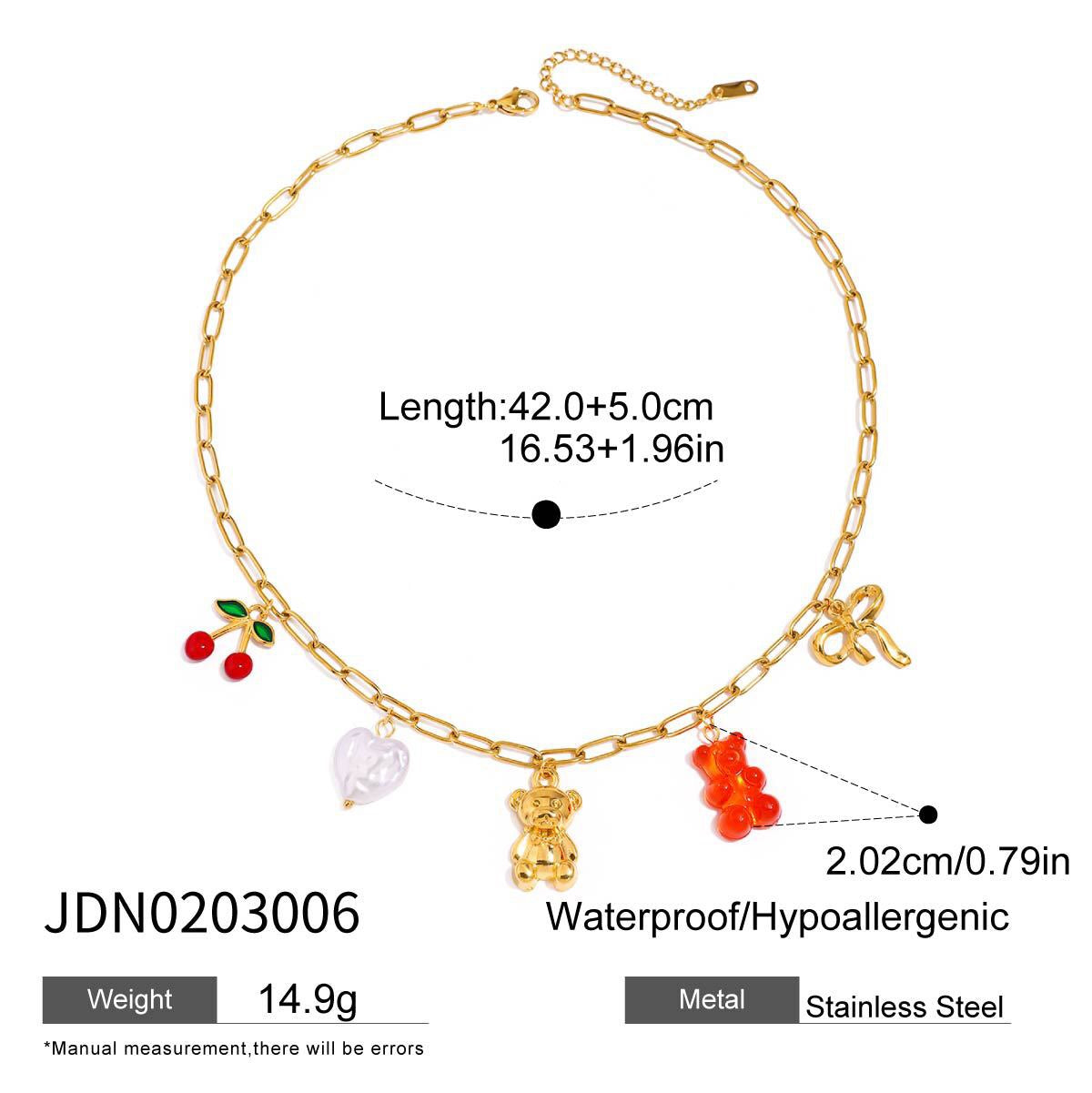 18K Gold Gummy Bear Cute Bow Cherry Paperclip Chain Charm Necklace