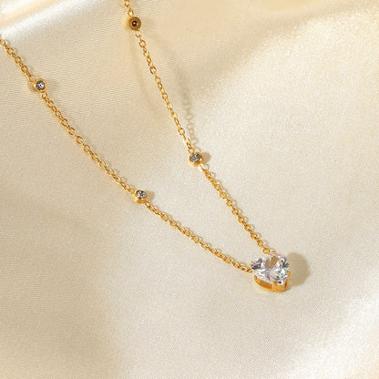 18K Gold Dainty Starry Heart CZ Pendant Necklace