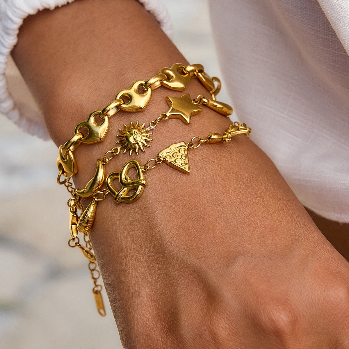 18K Gold Afternoon Tea Heart Chain Bracelet Stack