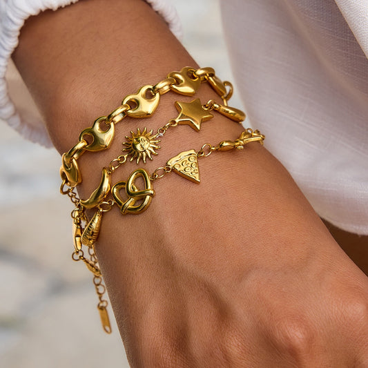 18K Gold Afternoon Tea Heart Chain Bracelet Stack