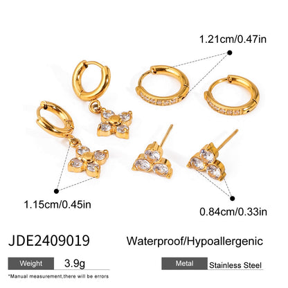 18K Gold Four Leaf Clover Dainty Flower CZ Huggie Earrings Ear Studs Set