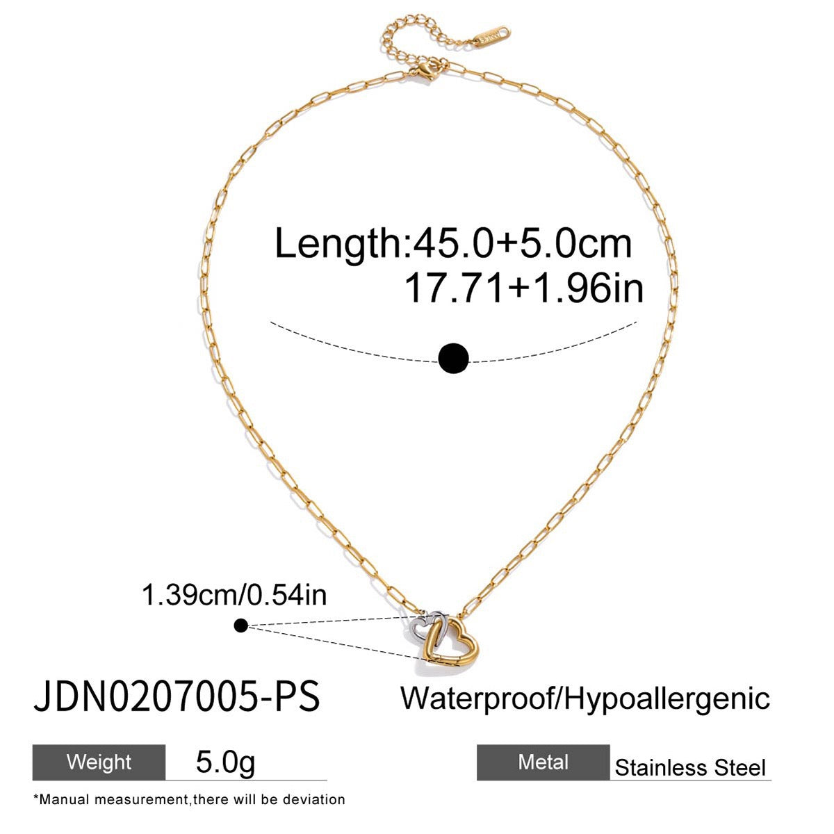 18K Gold and Silver Two Tone Linked Heart Charm Necklace