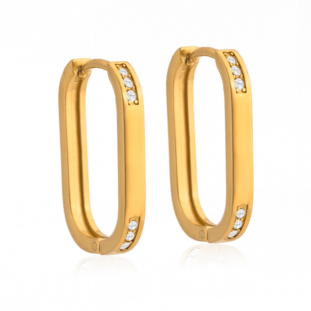 18K Gold Iced Frame Heart Small Rectangle Hoop Huggie Earrings
