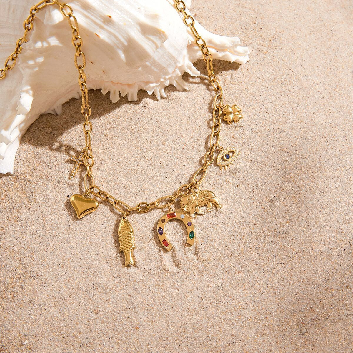 18K Gold Wicked Luck Horseshoe Clover Charm Necklace