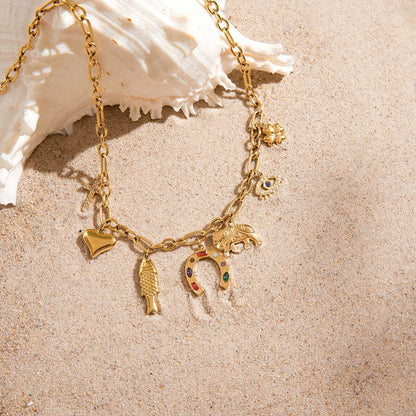 18K Gold Wicked Luck Horseshoe Clover Charm Necklace