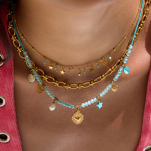 18K Gold Seaside Fantasy Blue Beads Heart Charm Circle Chain Layered Necklace Set