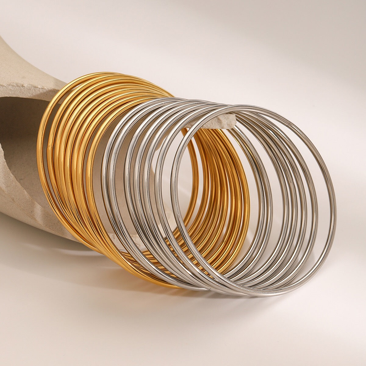 18K Gold and SIlver Two Tone Minimalist Slim Bangle Bracelet Stack