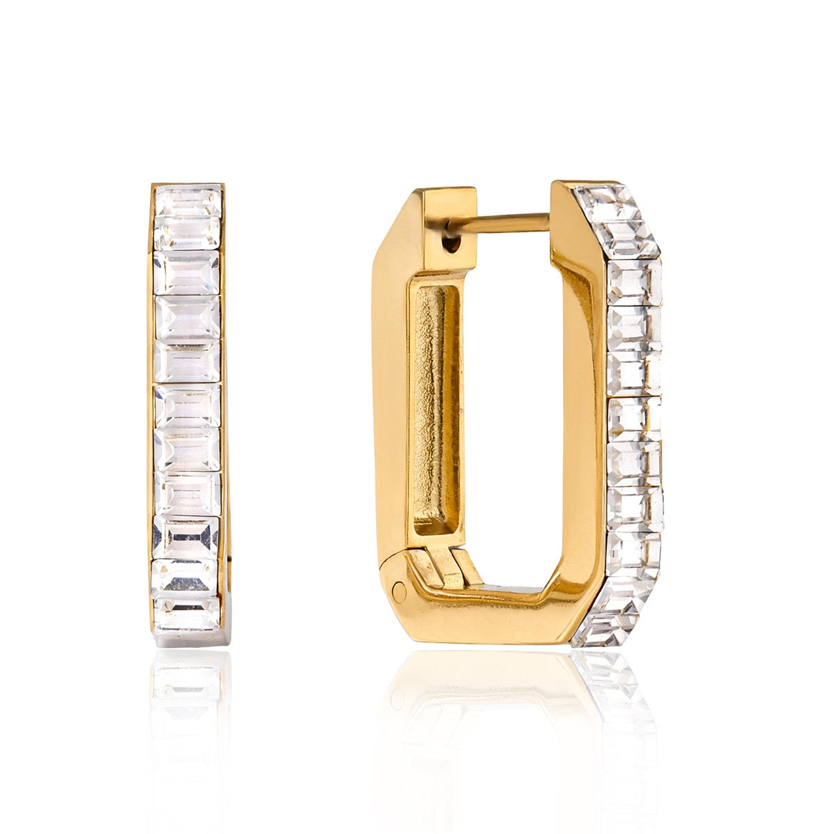 18K Gold Full Glam Rectangle Hoop Huggie Earrings CZ Ear Cuffs Stack