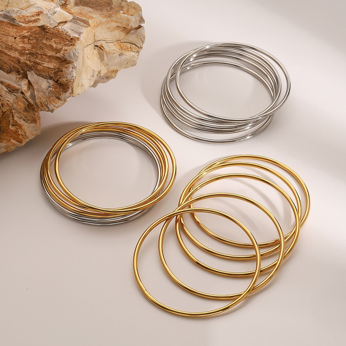 18K Gold and SIlver Two Tone Minimalist Slim Bangle Bracelet Stack