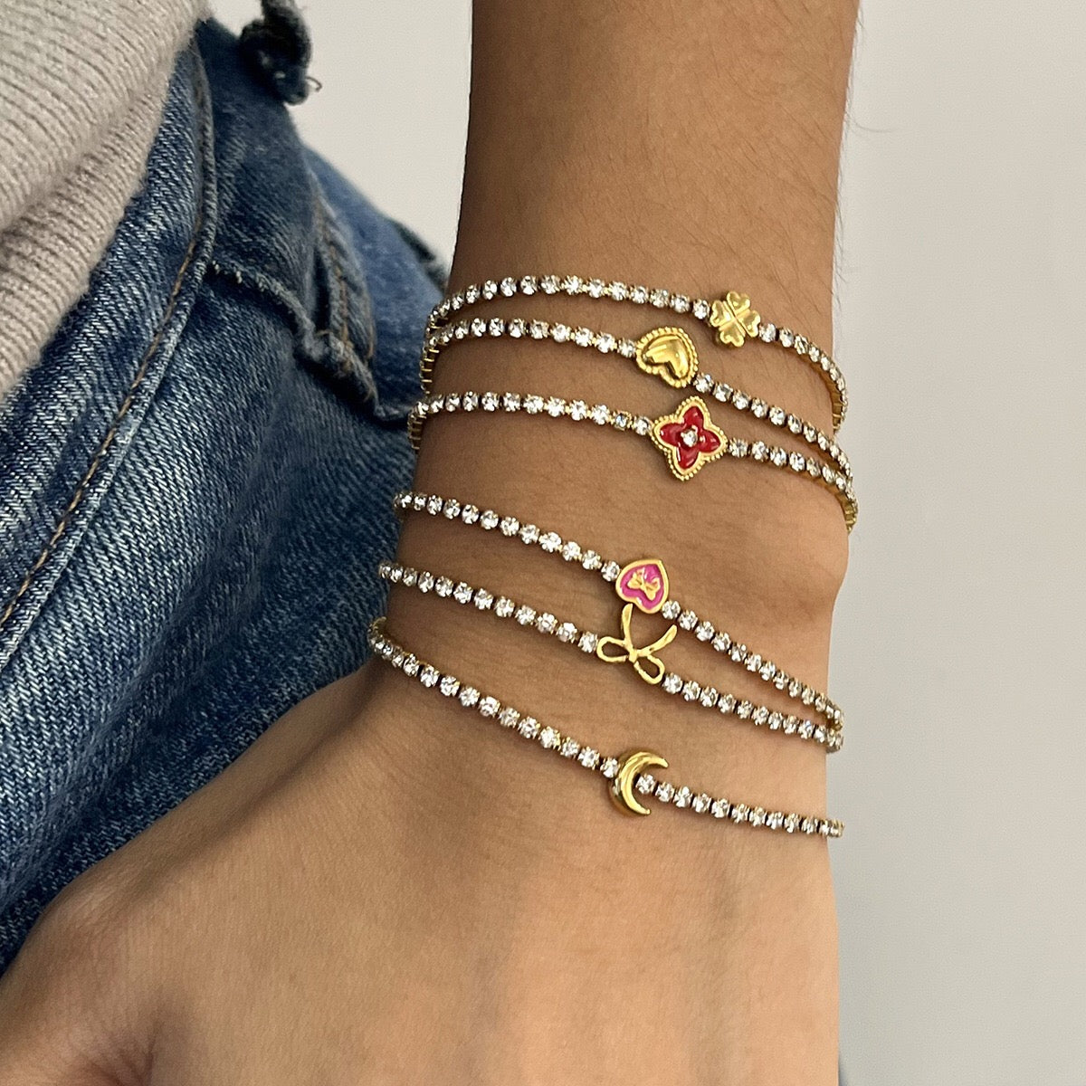 18K Gold Modern Fairytale Heart Bow Moon Clover Tennis Bracelet