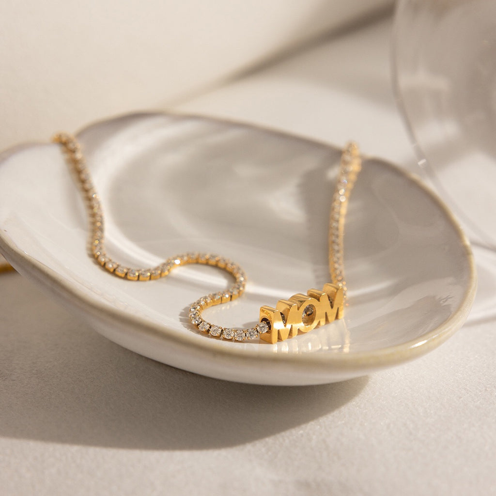 18K Gold Endless Love MOM Charm Tennis Necklace