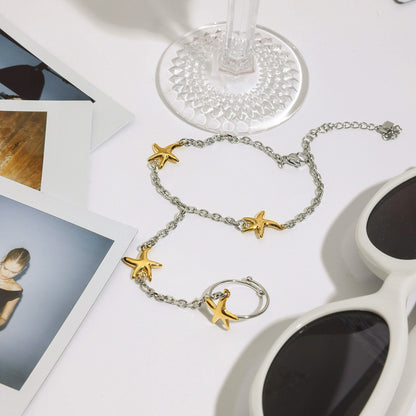 18K Gold Silver Two Tone Waterproof Starfish Hand Jewelry Chain Bracelet