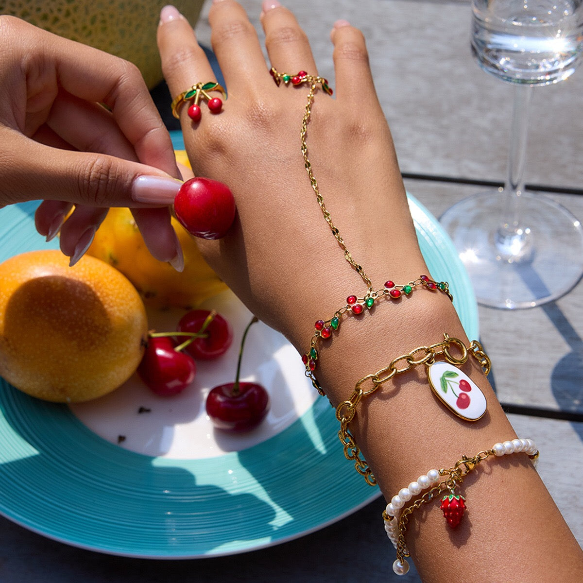 18K Gold Waterproof Red Cherry Trendy Hand Jewelry Chain Bracelet