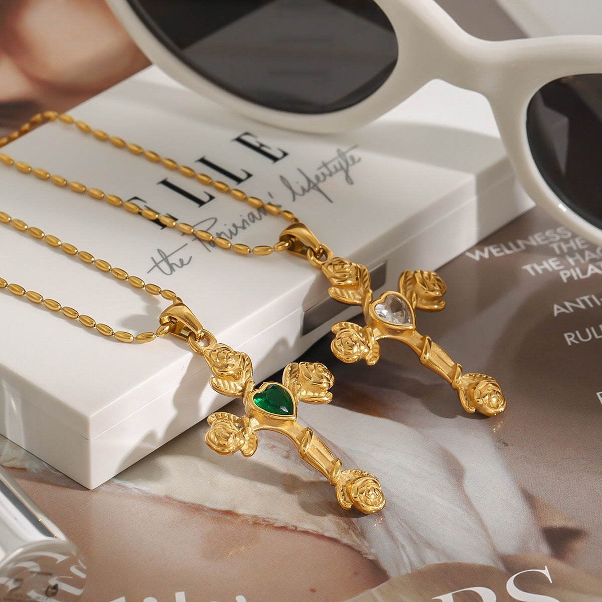 18K Gold Gemstone Cross Pendant Necklace