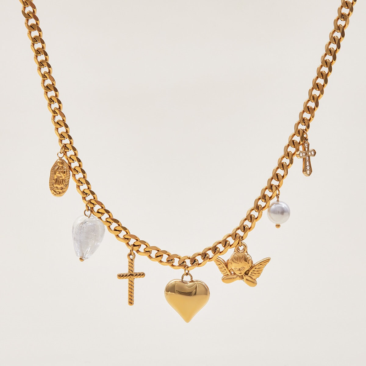 18K Gold Forbidden Cross Pearl Pendant Statement Layered Necklace Set