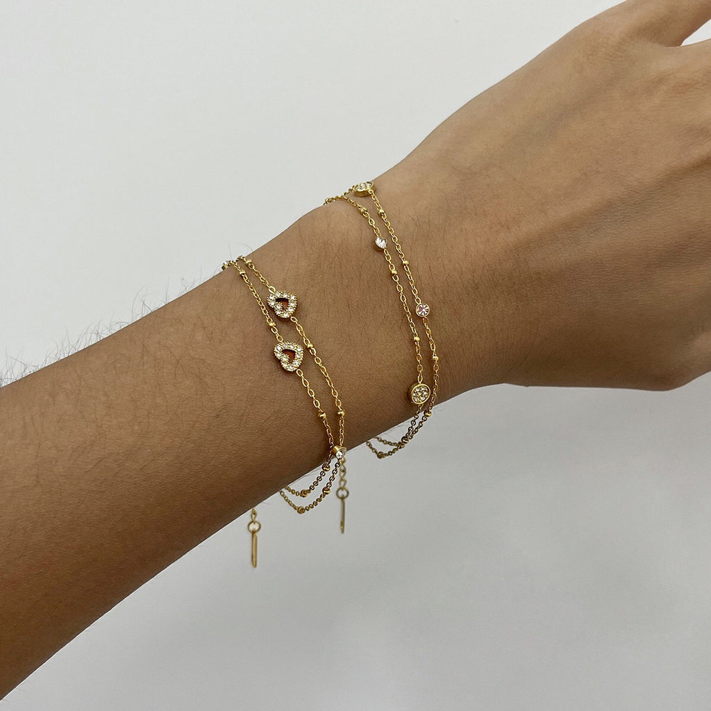 18K Gold Moonkiss Double Chain Heart Dainty Bracelet Stacks