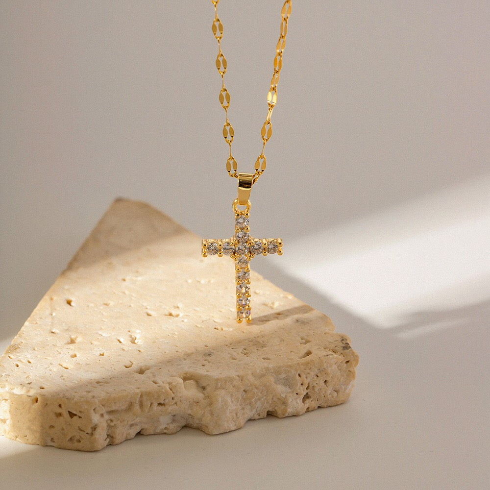 18K Gold Bling Cross CZ Pendant Necklace