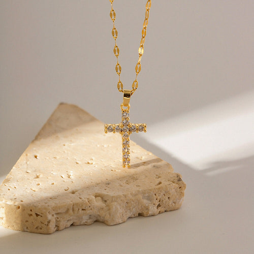 18K Gold Bling Cross CZ Pendant Necklace