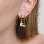 18K Gold Ocean Sparkle Seashell Palm Tree Small Hoop Huggie Earrings with Charm