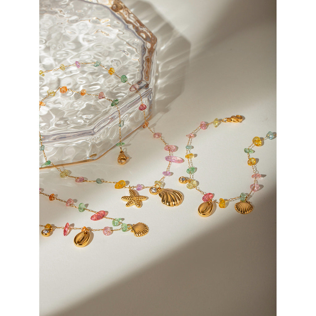 18K Gold Pastel Color Shell Starfish Beaded Charm Necklace