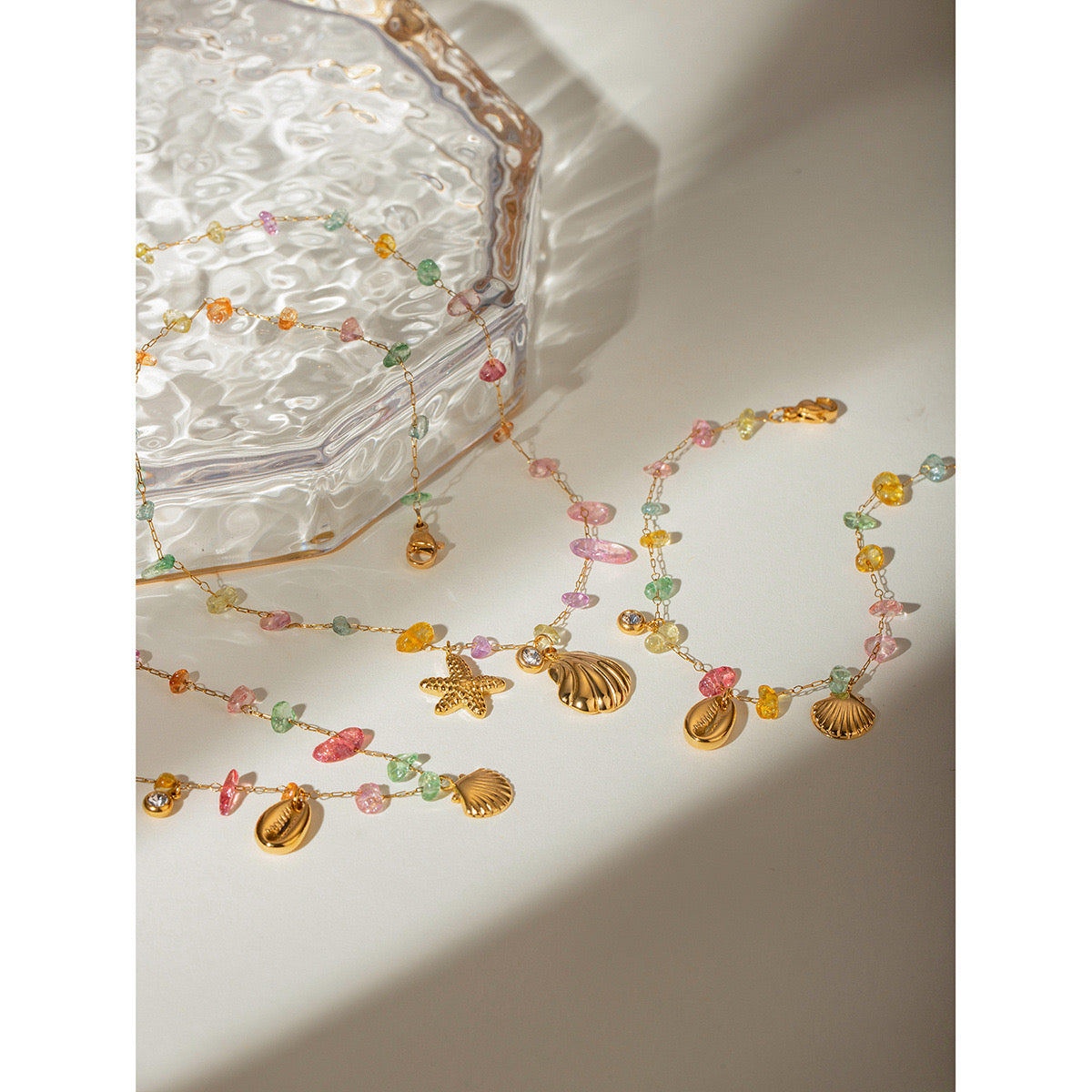 18K Gold Pastel Color Shell Starfish Beaded Charm Necklace
