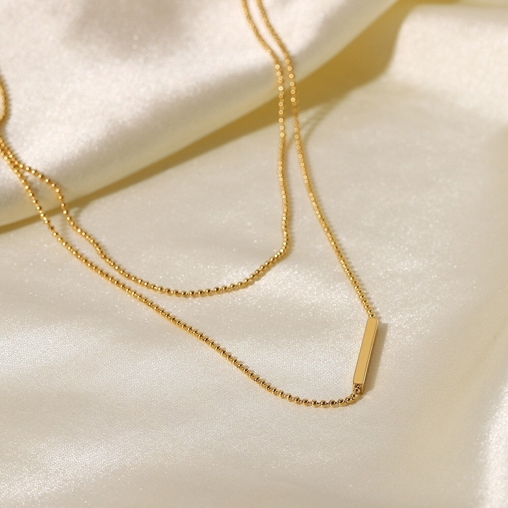 18K Gold Minimalist Bar Double Beaded Chain Layered Necklace