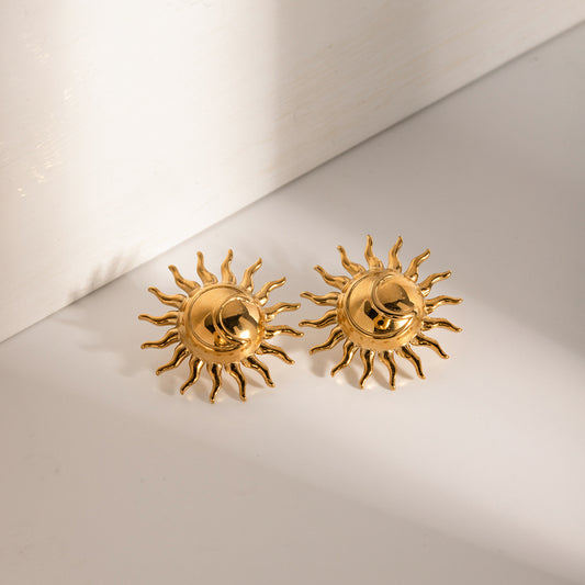 18K Gold Moon and Sun Statement Stud Earrings