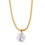 18K Gold Pearl Pendant Herringbone Chain Statement Necklace