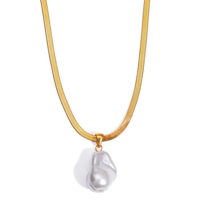18K Gold Pearl Pendant Herringbone Chain Statement Necklace