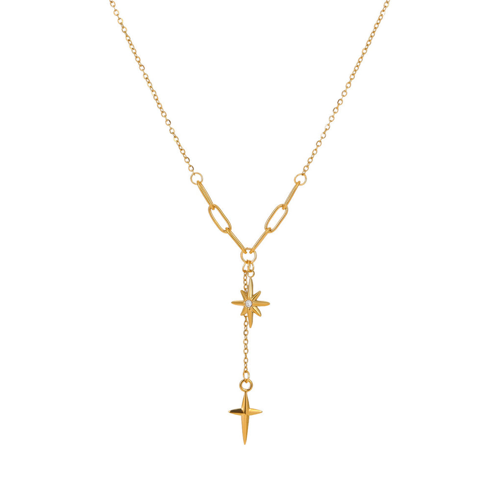 18K Gold Starburst Pendant Chain Lariat Necklace