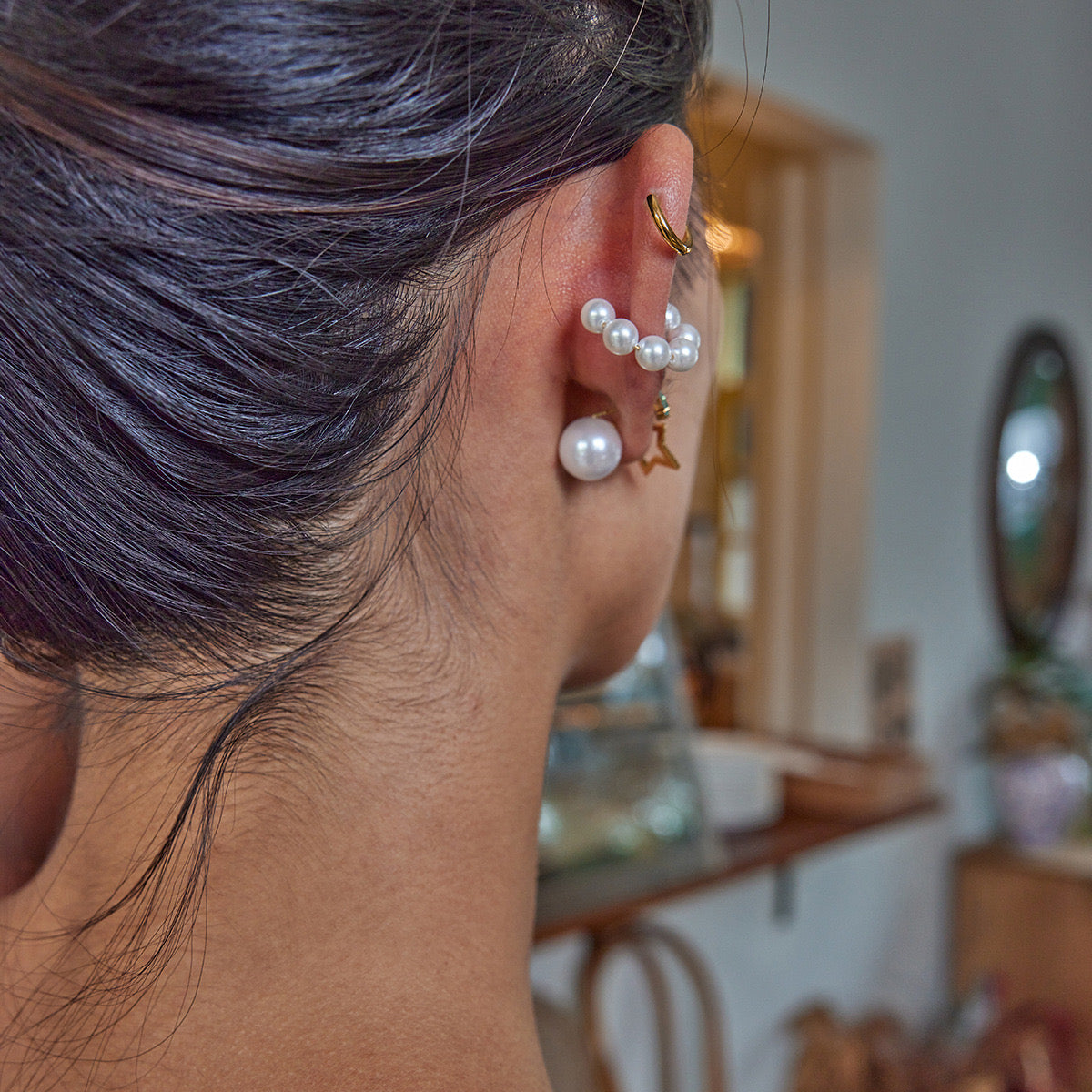 18K Gold Born Star Stud Earrings Pearl Ear Cuffs Set