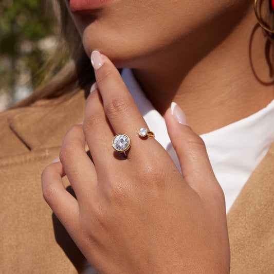 18K Gold Radiant Bezel Cocktail Statement Cuff Ring