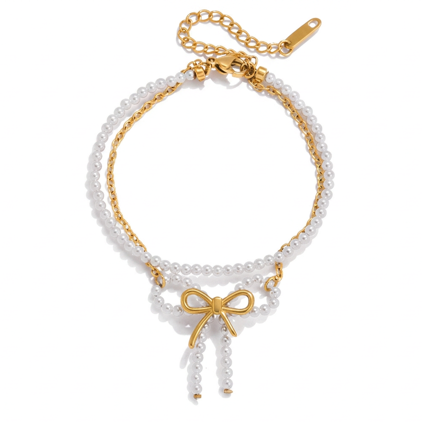 18K Gold Coquette Bow Pearl Chain Layered Necklace & Stud Earrings & Bracelet & Ring Set