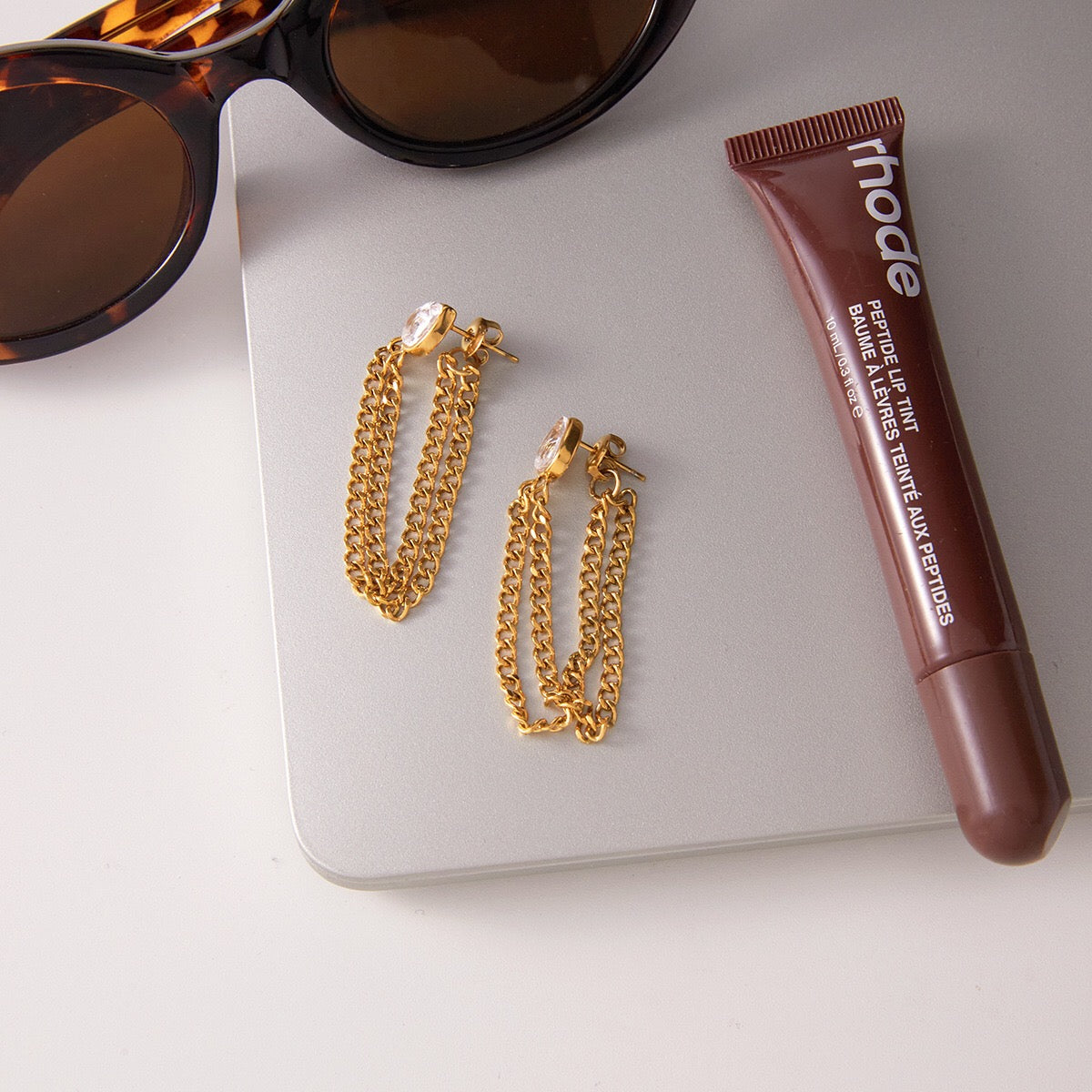 18K Gold Soft Sway Chain Drop Dangle CZ Stud Earrings