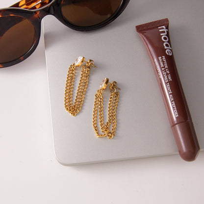 18K Gold Soft Sway Chain Drop Dangle CZ Stud Earrings