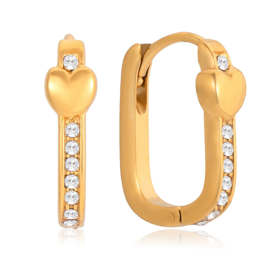 18K Gold Iced Frame Heart Small Rectangle Hoop Huggie Earrings