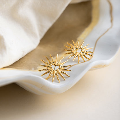 18K Gold Sunburst Heart Statement Stud Earrings