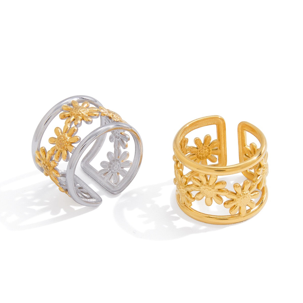 18K Gold and Silver Two Tone Wild Bloom Flower Statement Cuff Ring