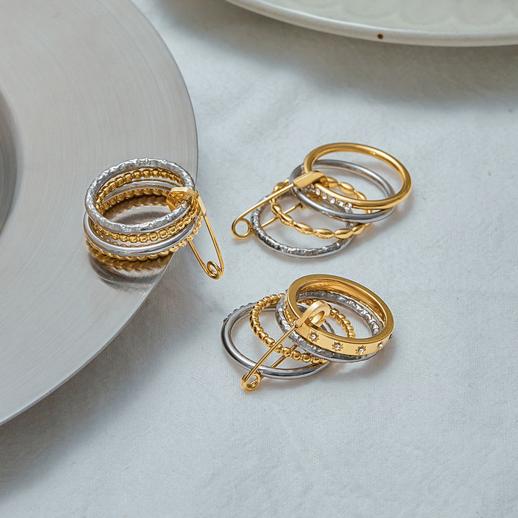 18K Gold and Silver Two Tone Safety Pin Spinelli Connected Multi Layers Stacking Ring
