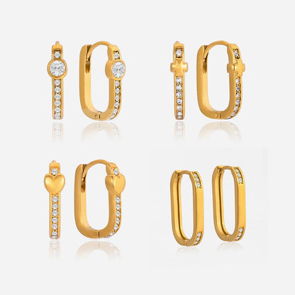 18K Gold Iced Frame Heart Small Rectangle Hoop Huggie Earrings