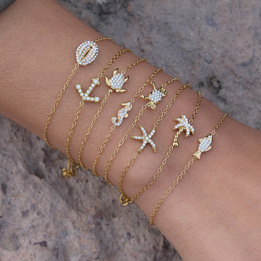 18K Gold Ocean Sparkle Seashell Palm Tree Dainty Pave Bracelet