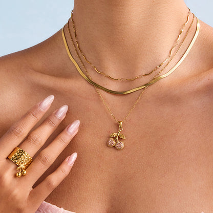 18K Gold Pink Cherry Pendant Herringbone Chain Layered Necklace Set