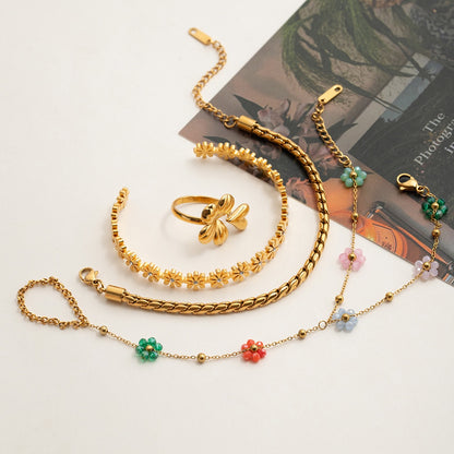 18K Gold Waterproof Color Beaded Flower Hand Chain Bracelet