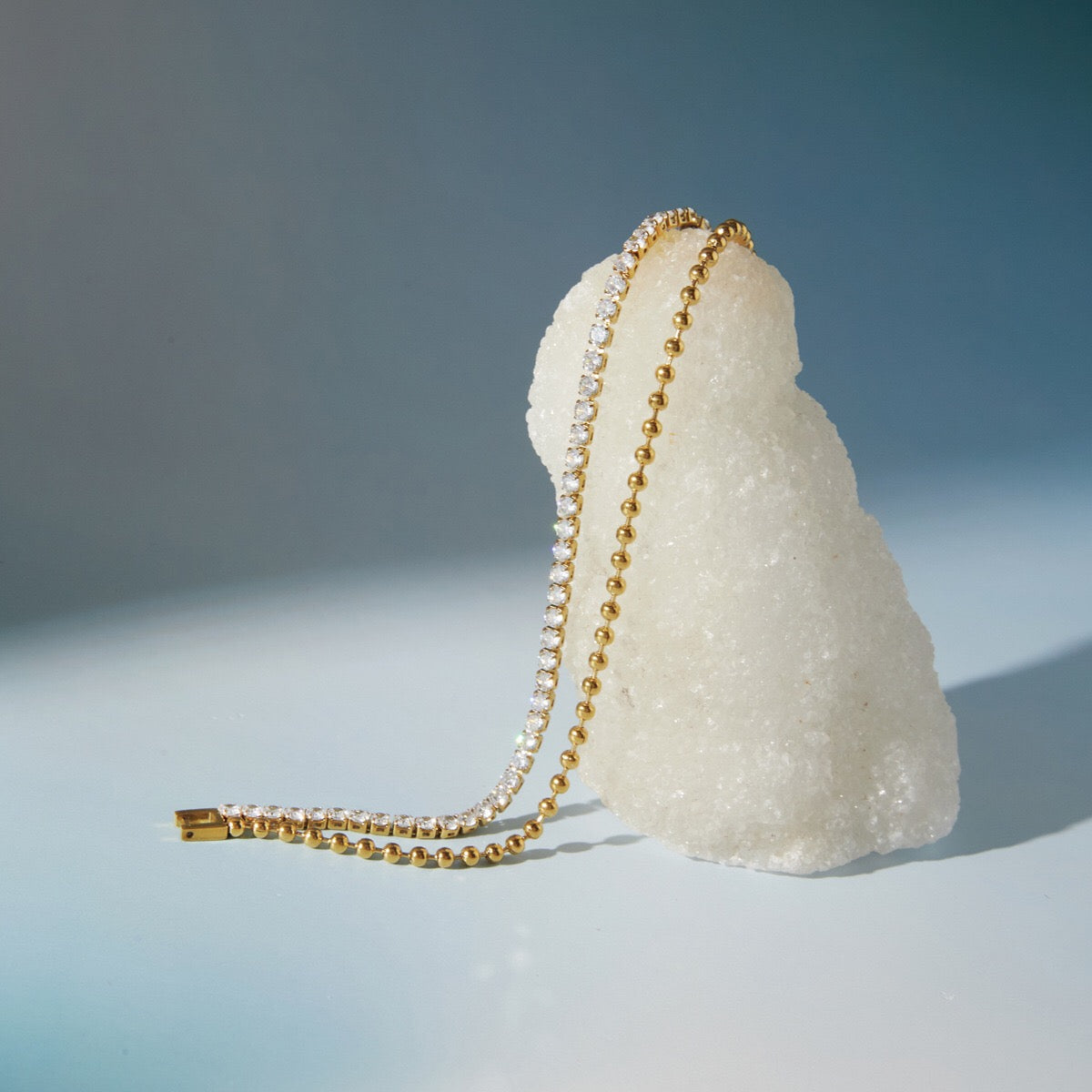 18K Gold The Pairing Simple Tennis Beaded Double Chain Dainty Bracelet Stacks