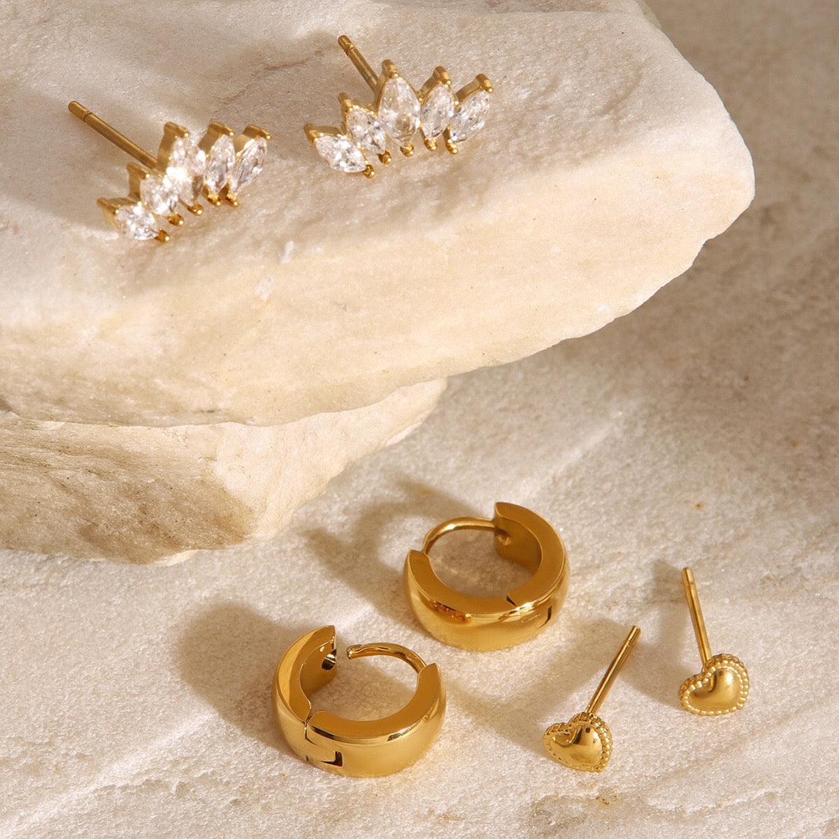 18K Gold Bling Studs Small Hoop Huggie Earrings Set