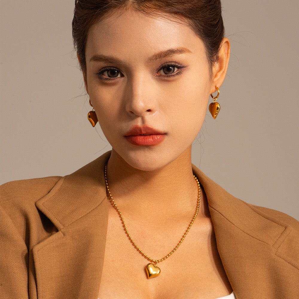 18K Gold Heart Dangle Huggie Earrings with Charm